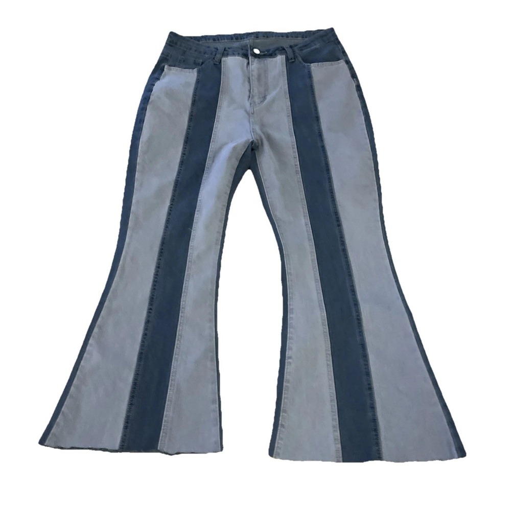 Nova Blue Denim Jeans Women's Size L 30x25 Two Tone Flare Boot Raw Hem